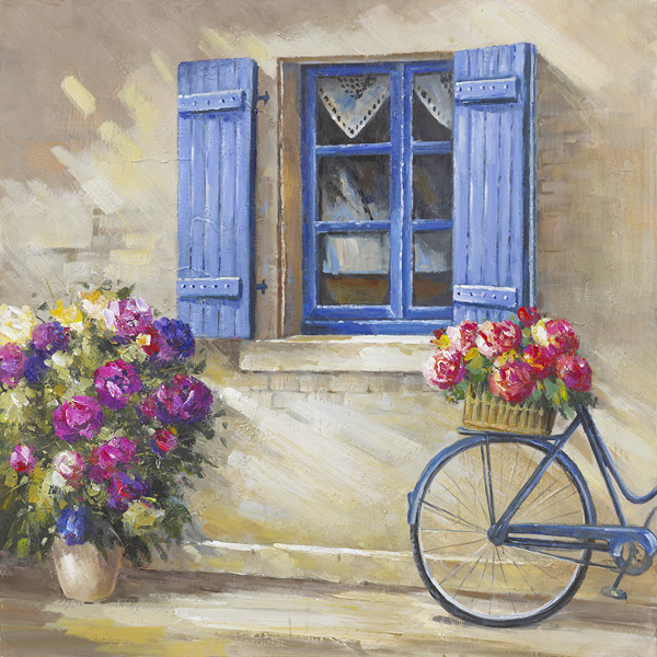 PXYW617 Wall décor art oil on canvas street scene parked bicycle blue brown tones